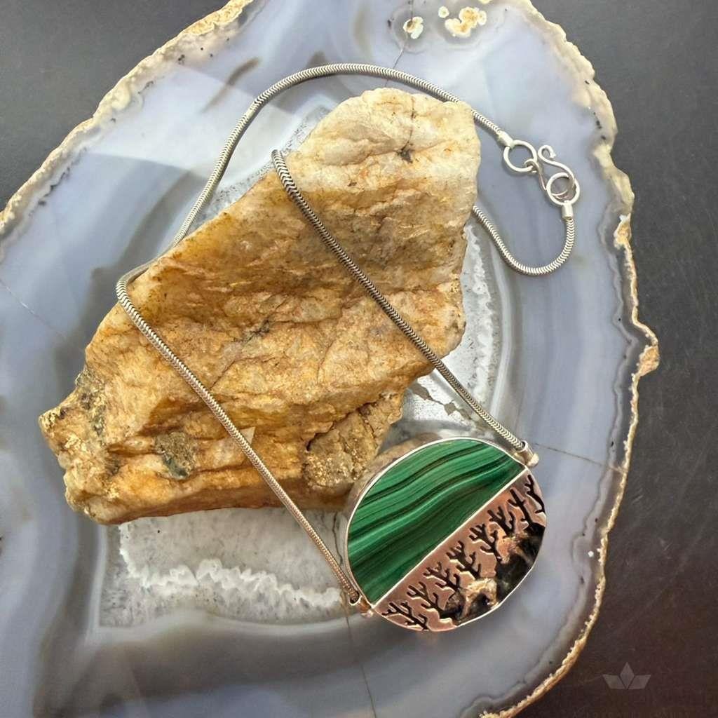 Sterling Silver Malachite With Two Bears In A Forest 20" Necklace For Women