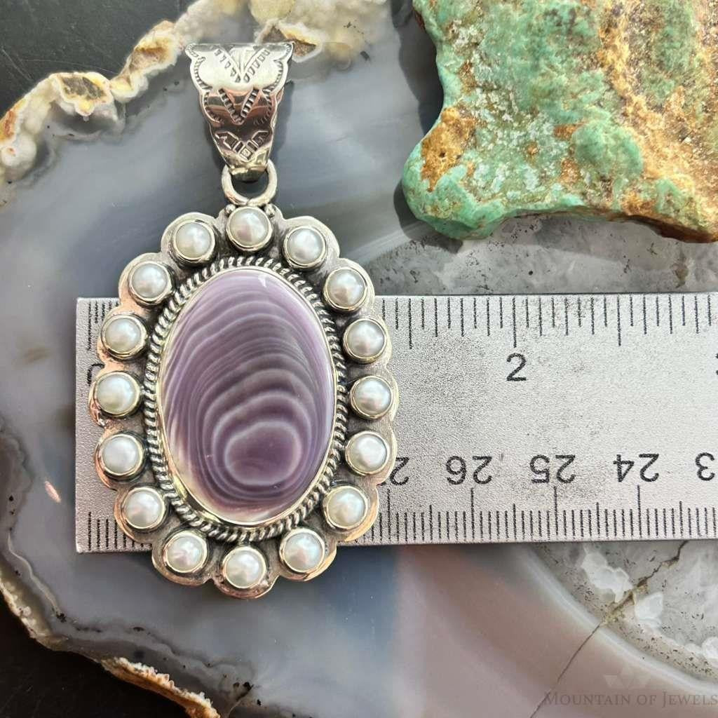 Native American Sterling Silver Oval Phosphosiderite W/Pearls Cluster Pendant For Women