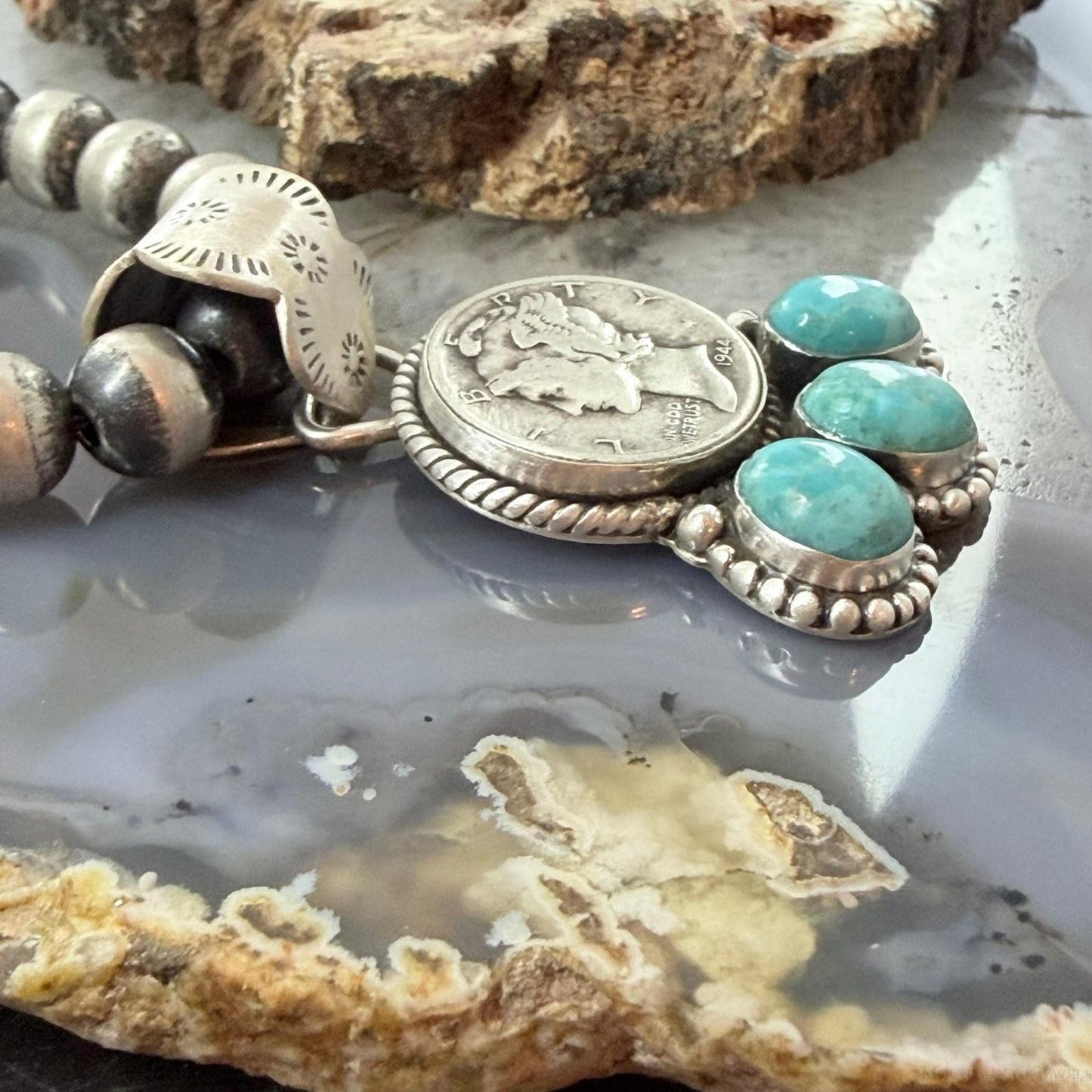 Genuine 1944 90% Silver Mercury Dime Coin w/Oval Turquoise Decorated Unisex Pendant