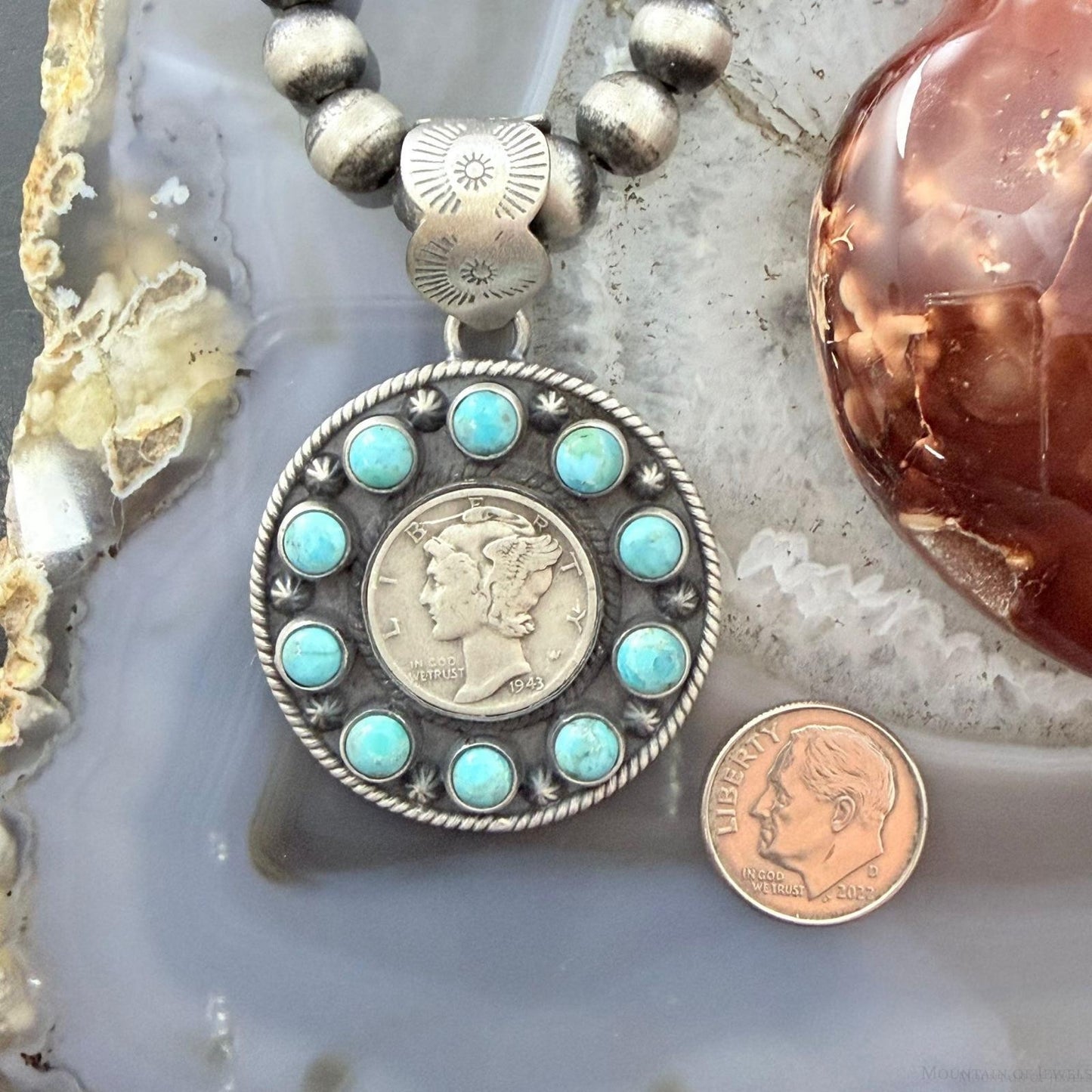 Genuine 1943 90% Silver Mercury Dime Coin w/Turquoise Decorated Unisex Pendant