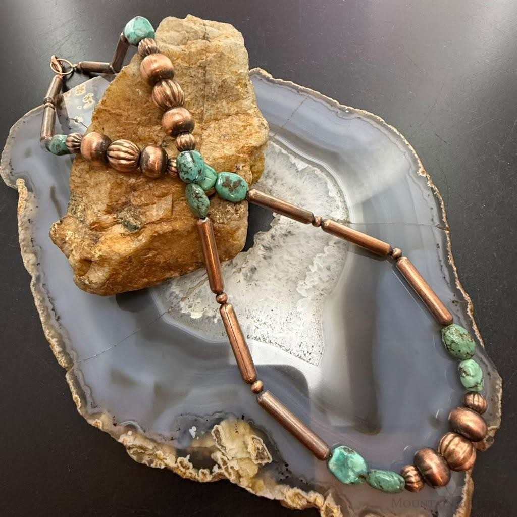 Southwestern Style 3-9.5mm Copper Navajo Pearl Round,Cylinder w/Carico Lake Turquoise 22" Necklace For Women