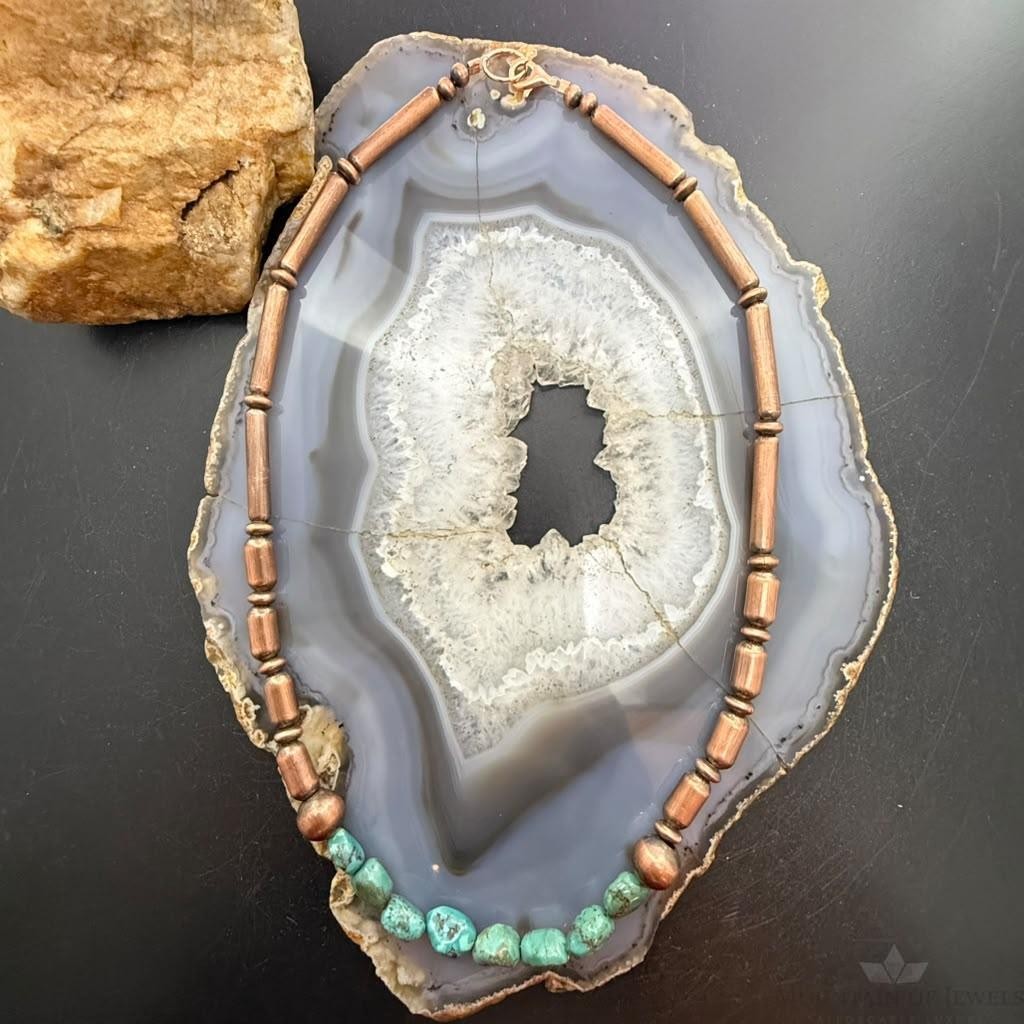 Southwestern Style 4.5-6mm Copper Navajo Pearl,Cylinder&Turquoise Beads Necklace