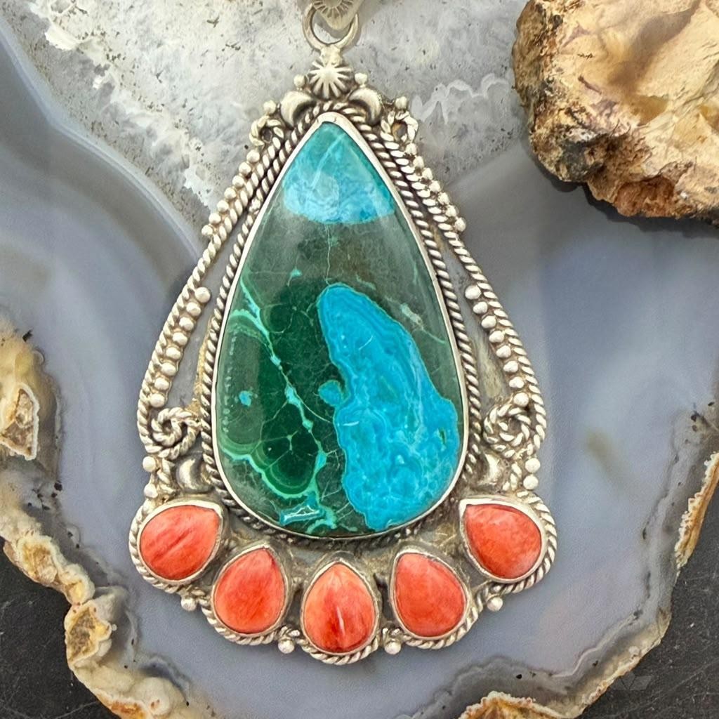Sterling Silver Southwestern Style Teardrop Malachite Chrysocolla & Spiny Oyster Pendant For Women