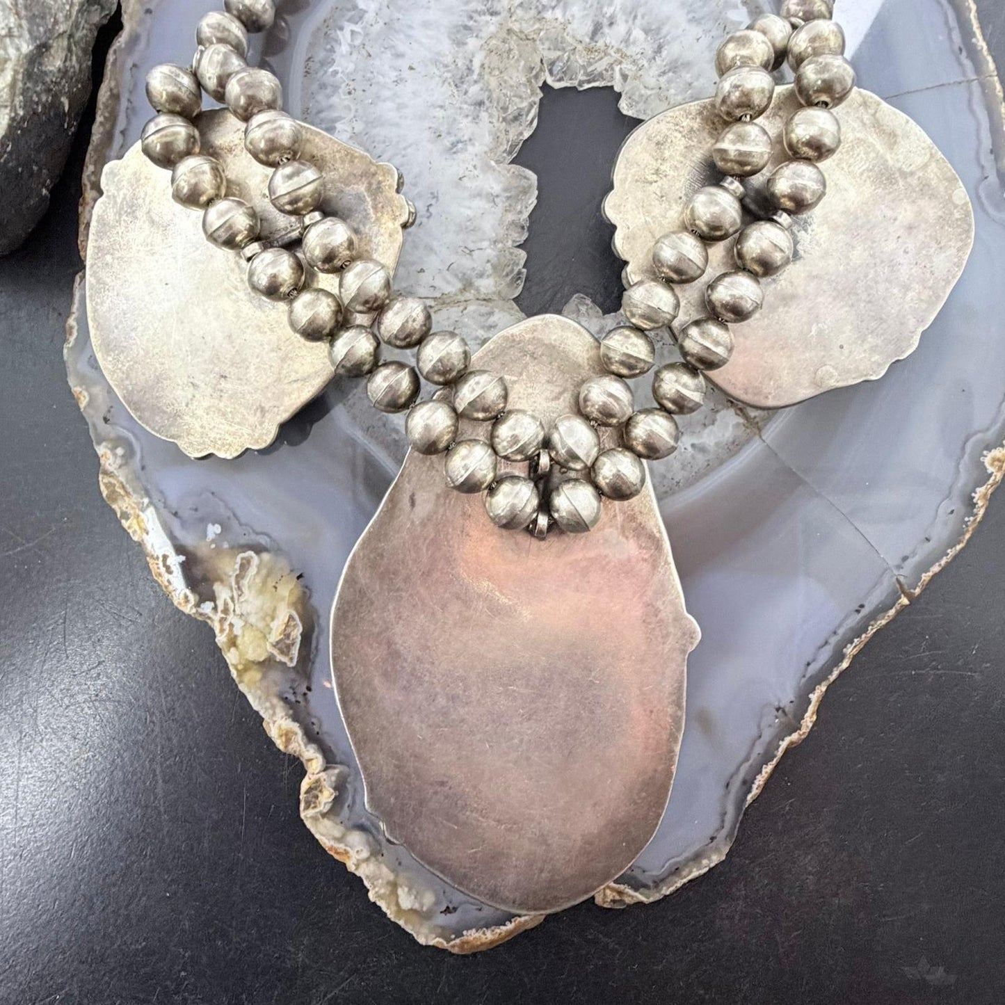 Vintage Silver Native American Large Blue Diamond Turquoise Necklace For Women