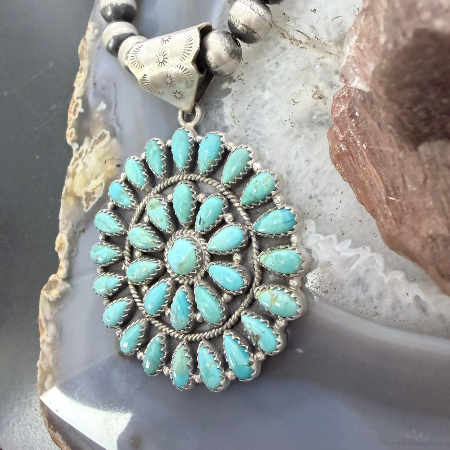 Sterling Silver Southwestern Style Teardrop Blue Mohave Turquoise Round Cluster Pendant