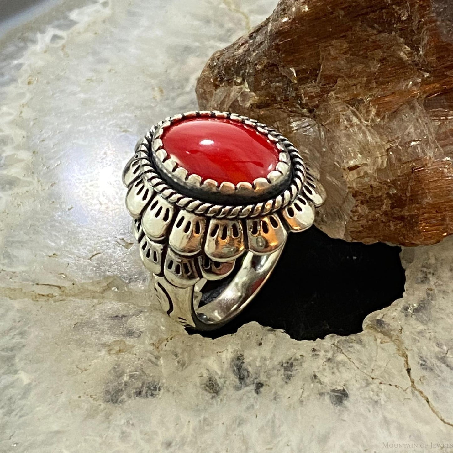 Carolyn Pollack Southwestern Style Sterling Silver Oval Red Jasper Decorated Ring For Women
