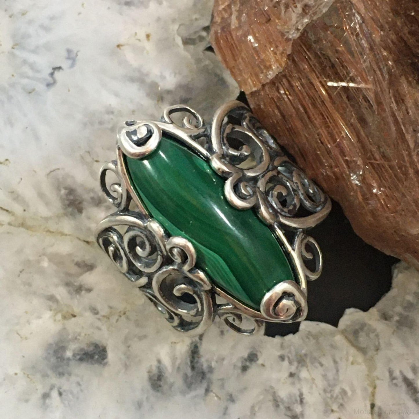 Carolyn Pollack Sterling Silver Marquise Malachite Decorated Ring For Women