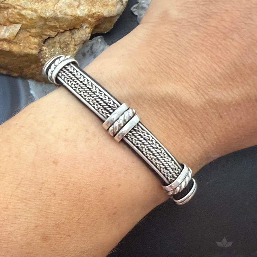 Vintage Braided Sterling Silver Over Black Leather Fashion Bracelet For Women