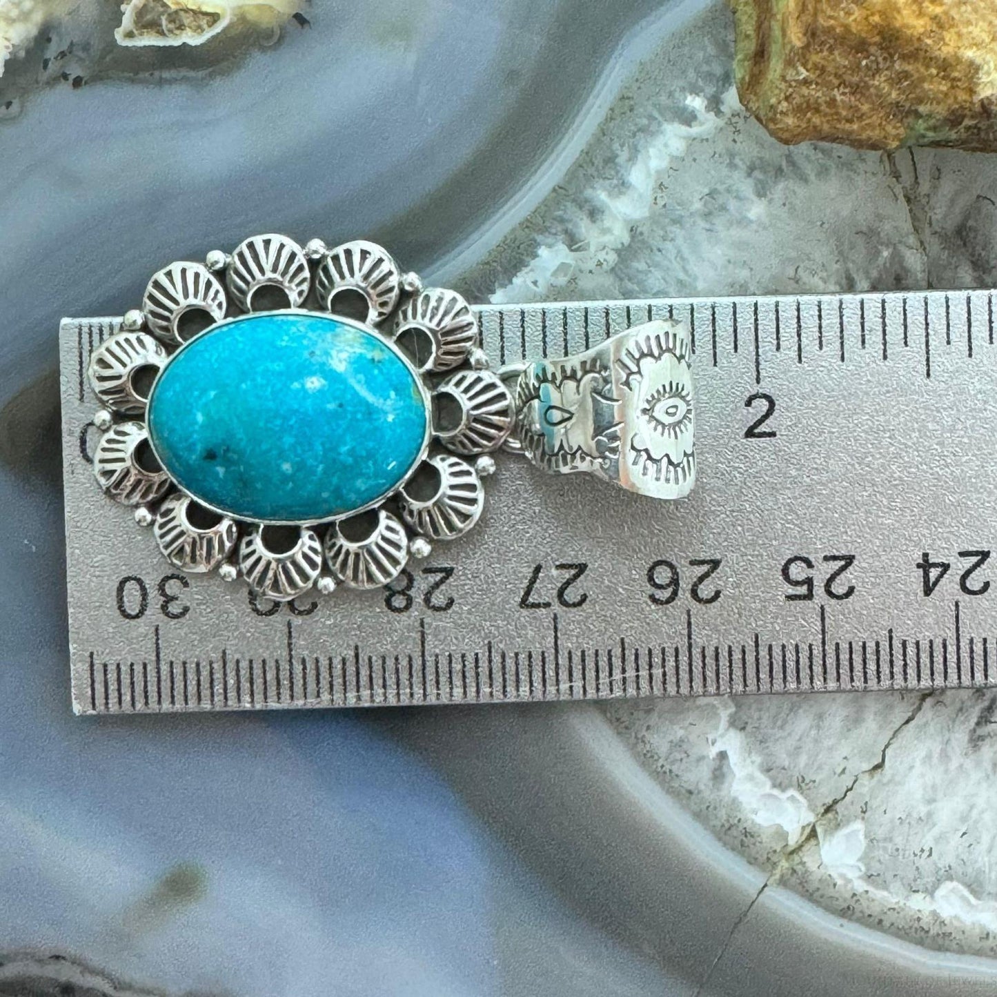 Native American Sterling Silver Oval Turquoise Decorated Pendant For Women