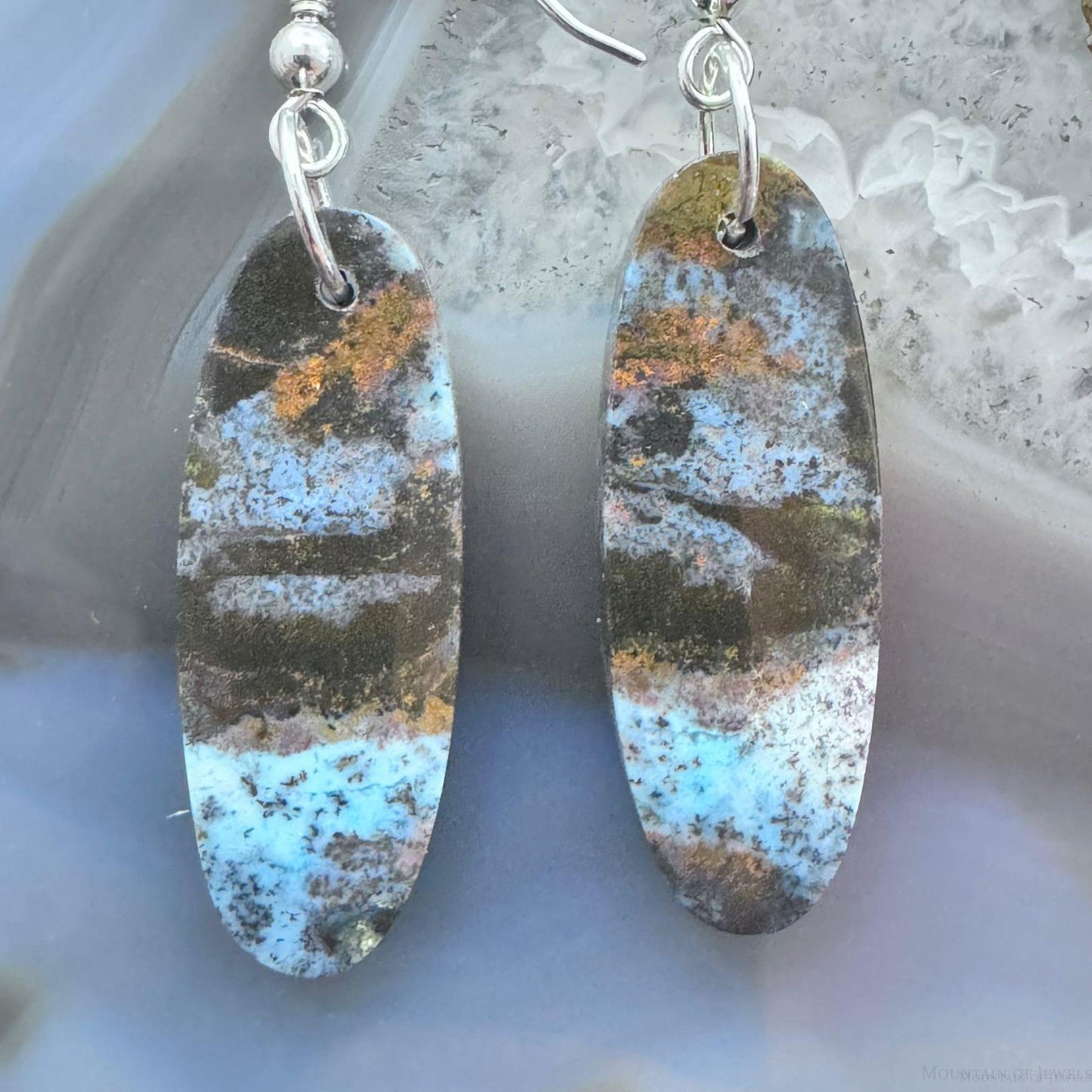 Sterling Silver Elongated Oval Chrysocolla Slab Dangle Earrings For Women #359