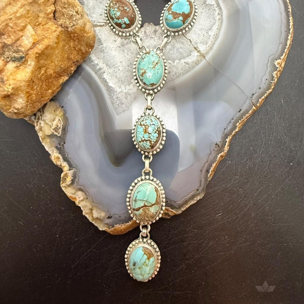 Sterling Silver Southwestern Style Oval Turquoise #8 Lariat 28" Necklace For Women