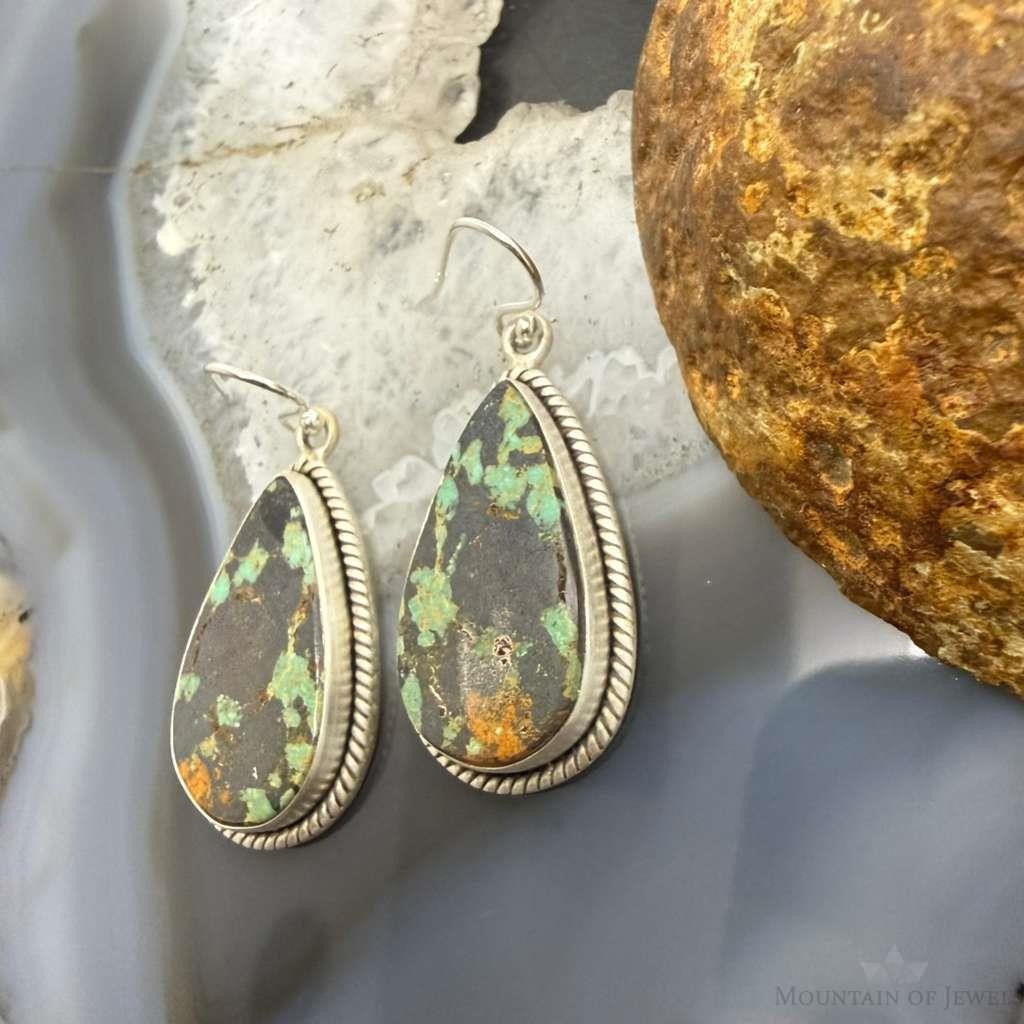 Sterling Silver Southwestern Style Teardrop Turquoise Dangle Earrings For Women