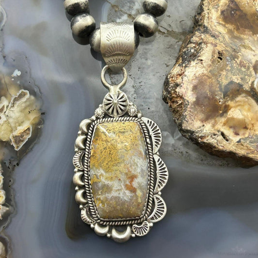 Sterling Silver Southwestern Style Rectangle Petrified Plume Agate Decorated Pendant For Women