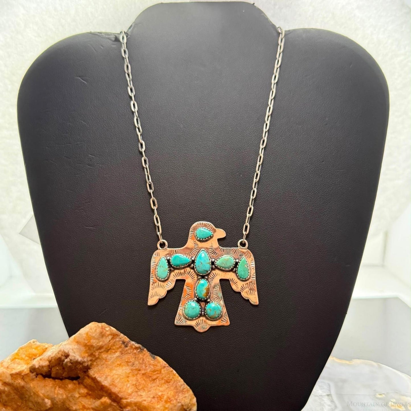 Sterling Silver Southwestern Style Kingman Turquoise Thunderbird Pendant Necklace For Women #1