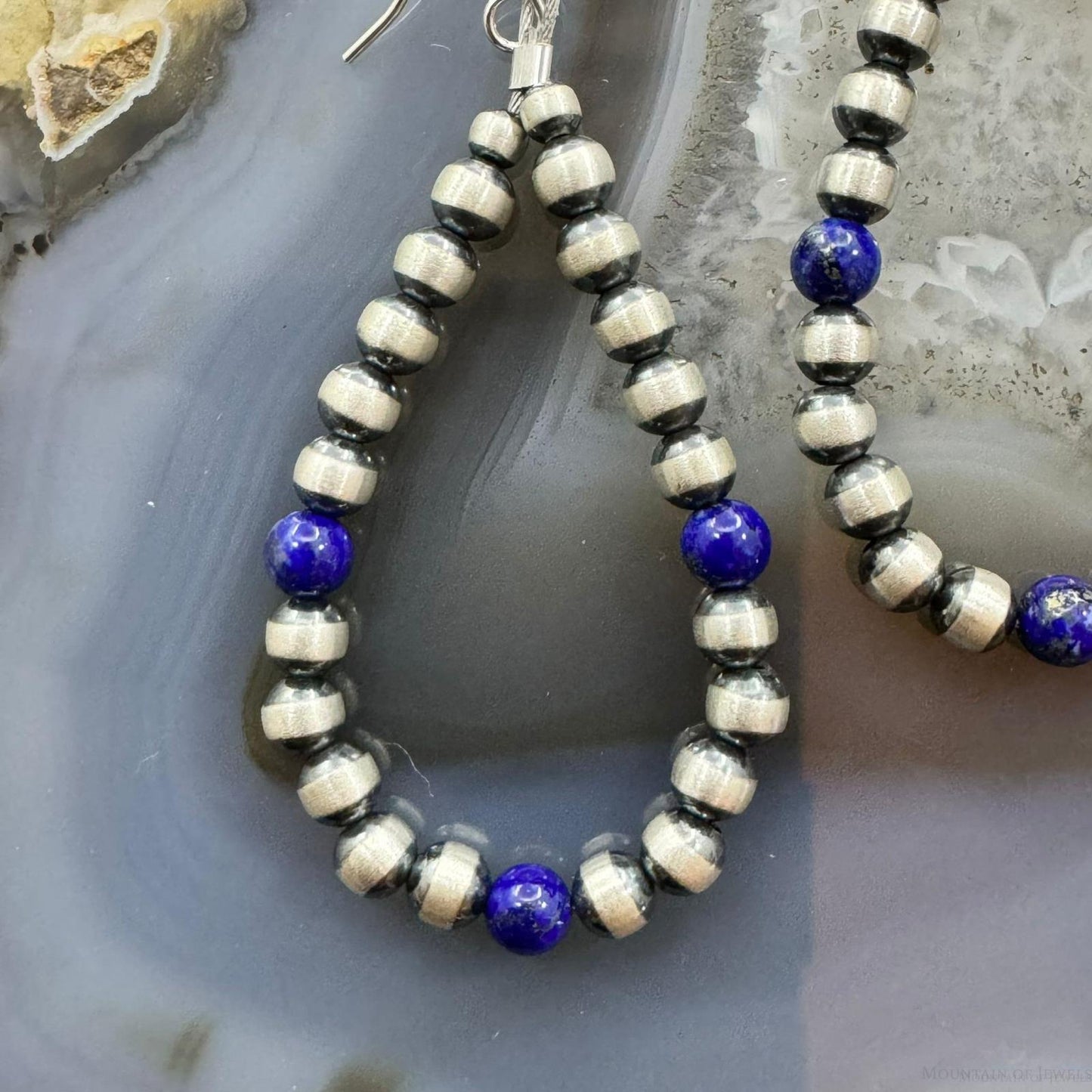 Sterling Silver Navajo Pearl Beads & Lapis Hoop Dangle Earrings For Women