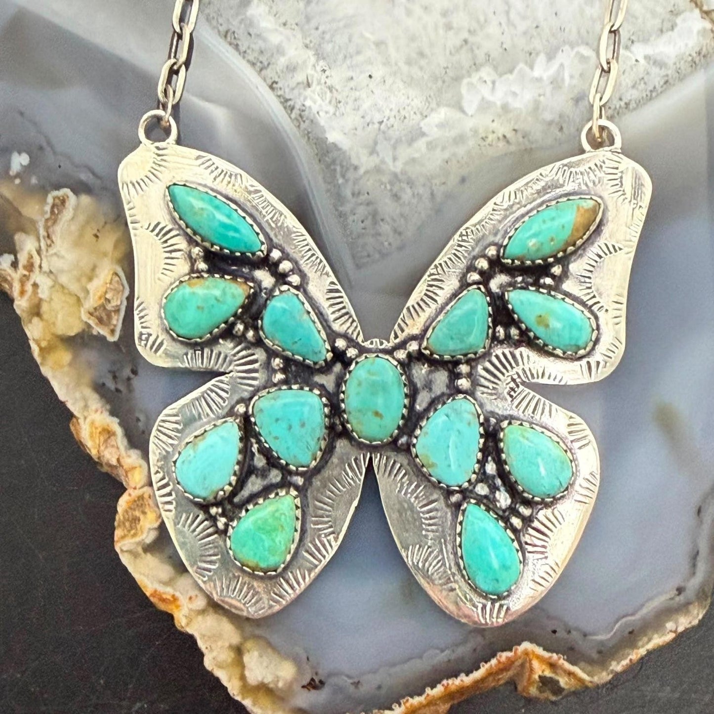 Sterling Silver Southwestern Style Kingman Turquoise Butterfly Pendant 20" Necklace For Women