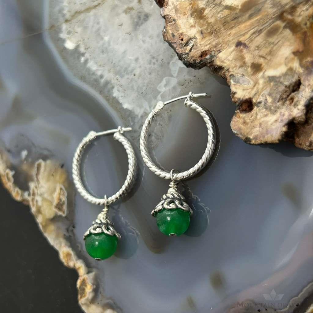 Carolyn Pollack Sterling Silver Twisted Hoop w/Green Jadeite Dangle Earrings For Women
