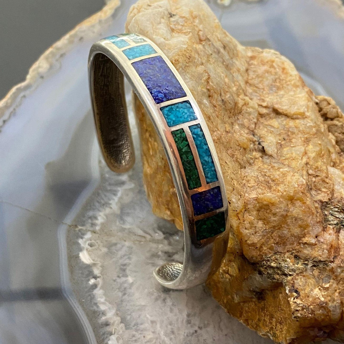 Vintage Sterling Silver Turquoise & Lapis Chip Inlay Fashion Bracelet For Women