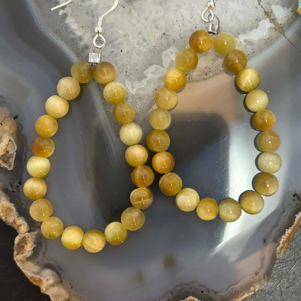 Sterling Silver 6mm Rounded Golden Tiger's Eye Hoop Dangle Earrings For Women