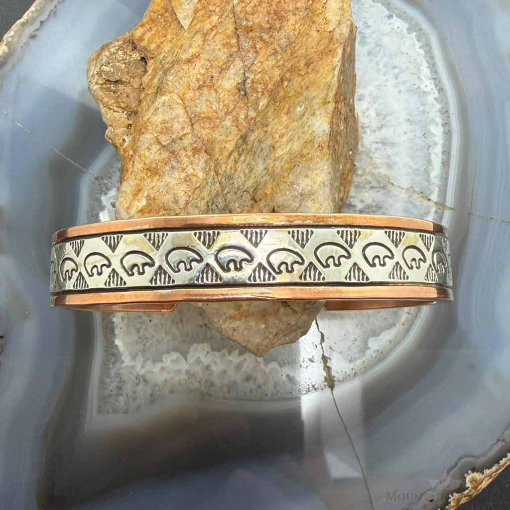Wylie Secatero Navajo Sterling Silver & Copper Stamped Bear Bracelet For Men