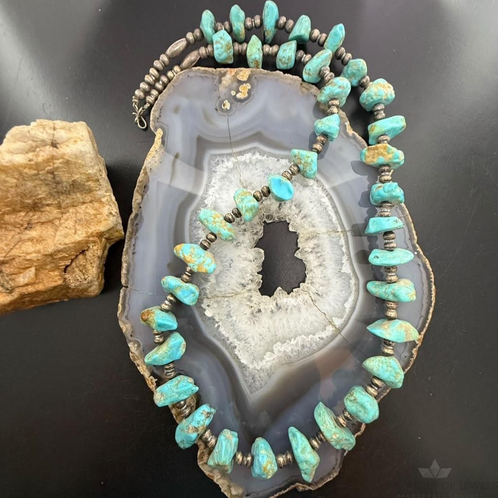 Vintage Sterling Silver Native American Natural Turquoise w/Silver Beads 27" Necklace For Women