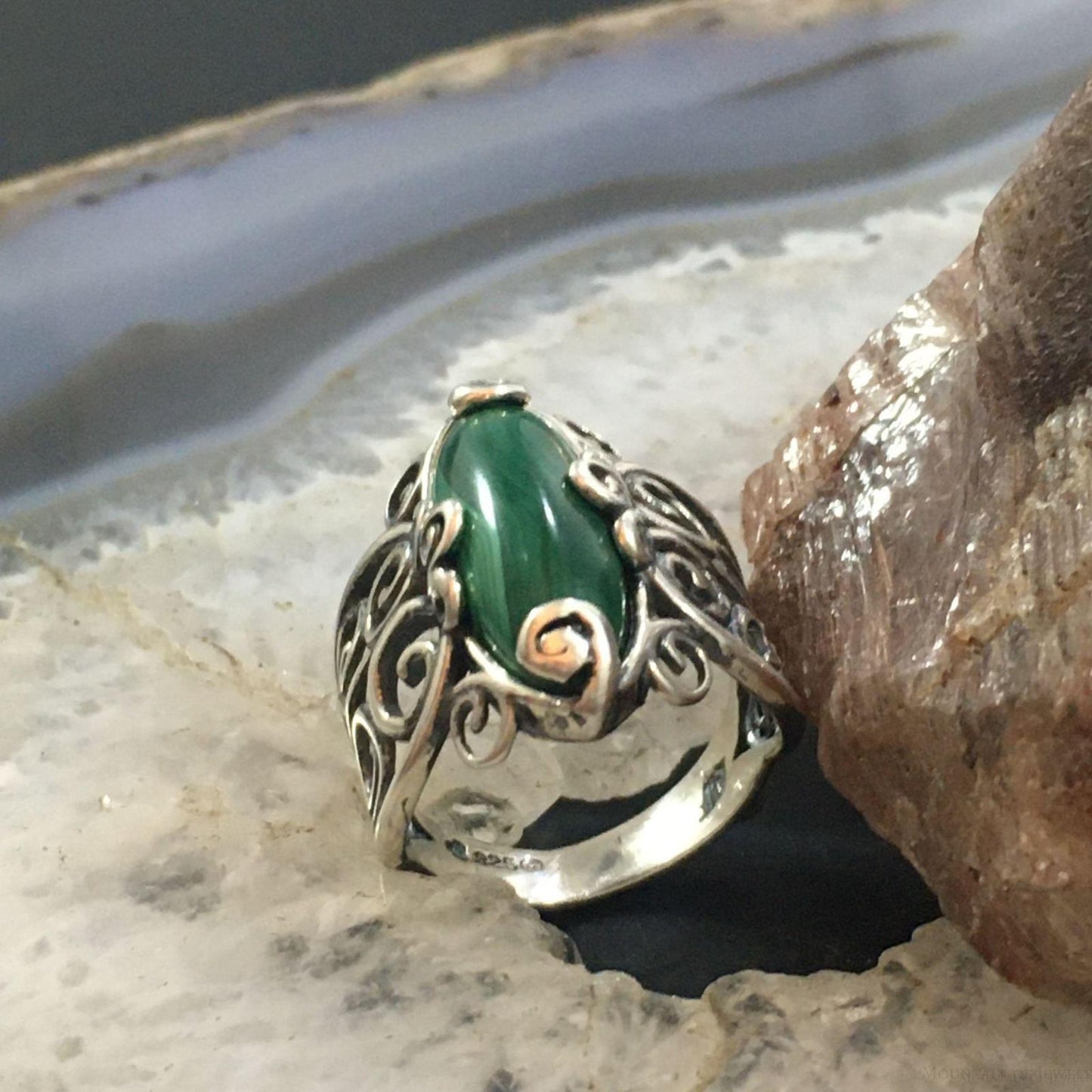Carolyn Pollack Sterling Silver Marquise Malachite Decorated Ring For Women