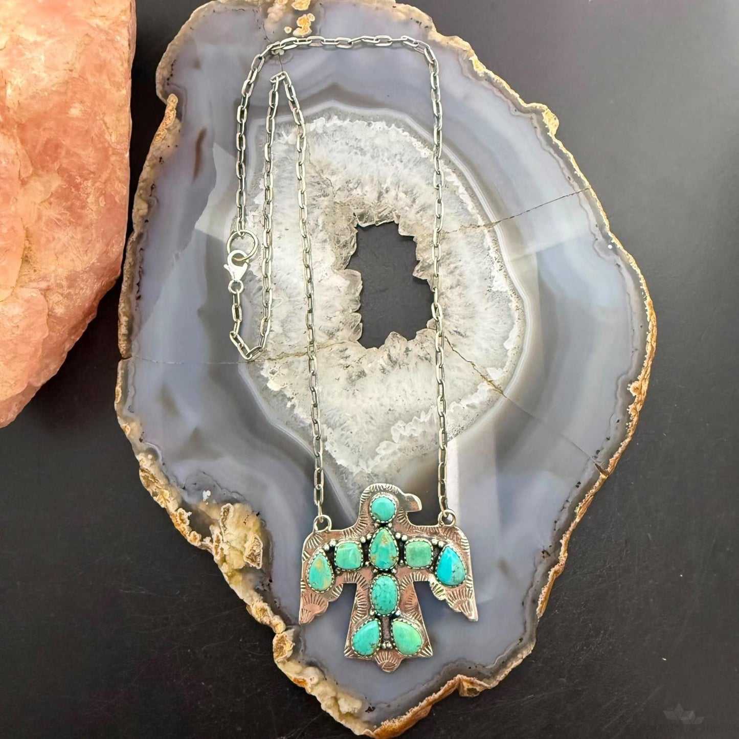 Sterling Silver Southwestern Style Kingman Turquoise Thunderbird Pendant Necklace #2