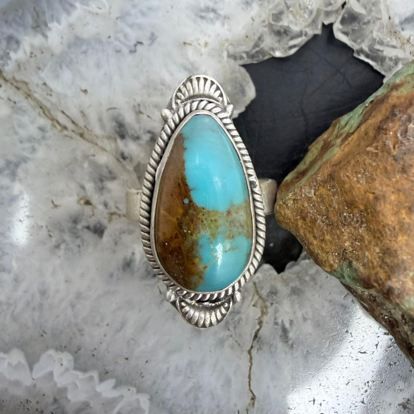 Sterling Silver Southwestern Style Teardrop Kingman Turquoise Adjustable Ring