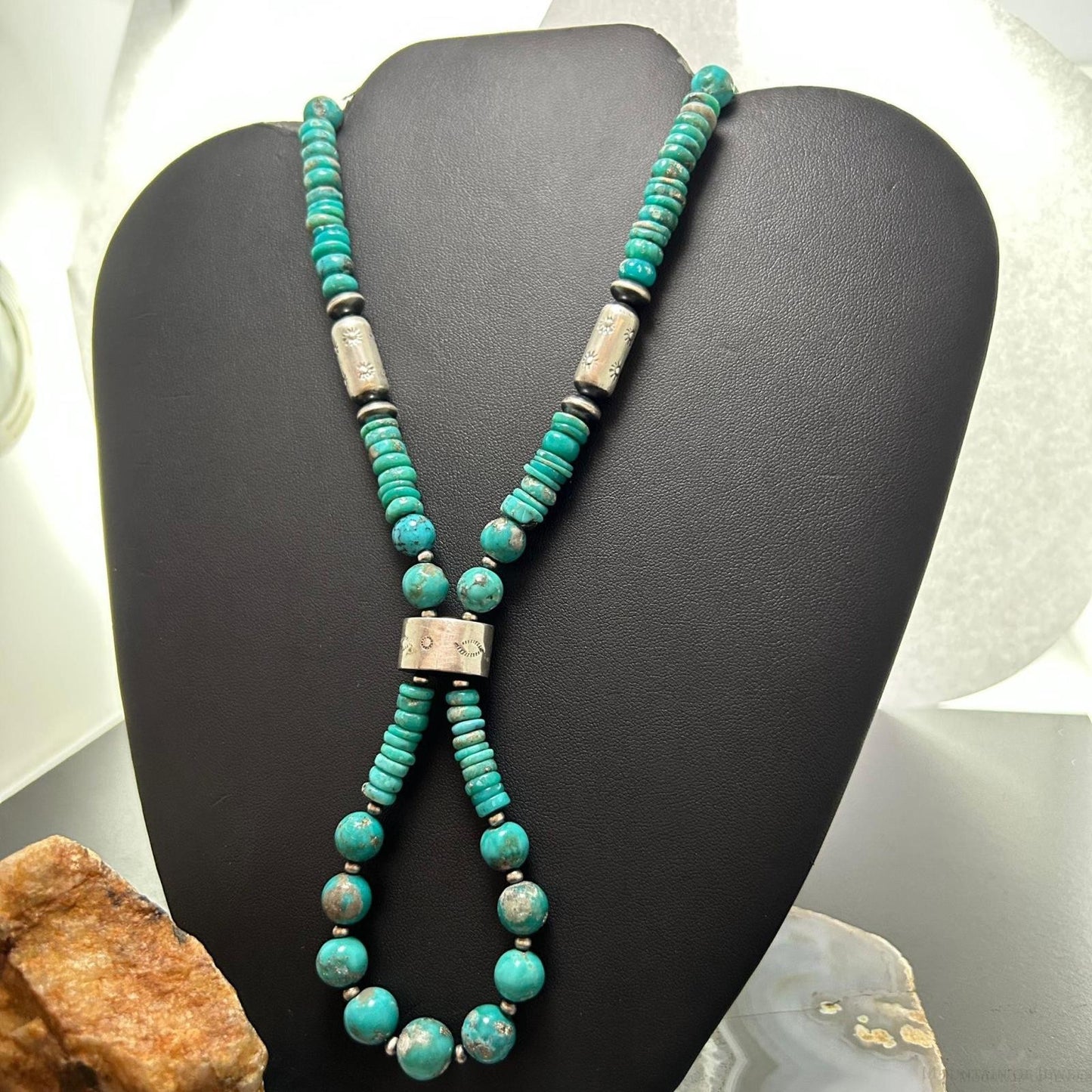 Sterling Silver Southwestern Style Turquoise Beads & Sterling Beads 26"-28" Necklace For Women
