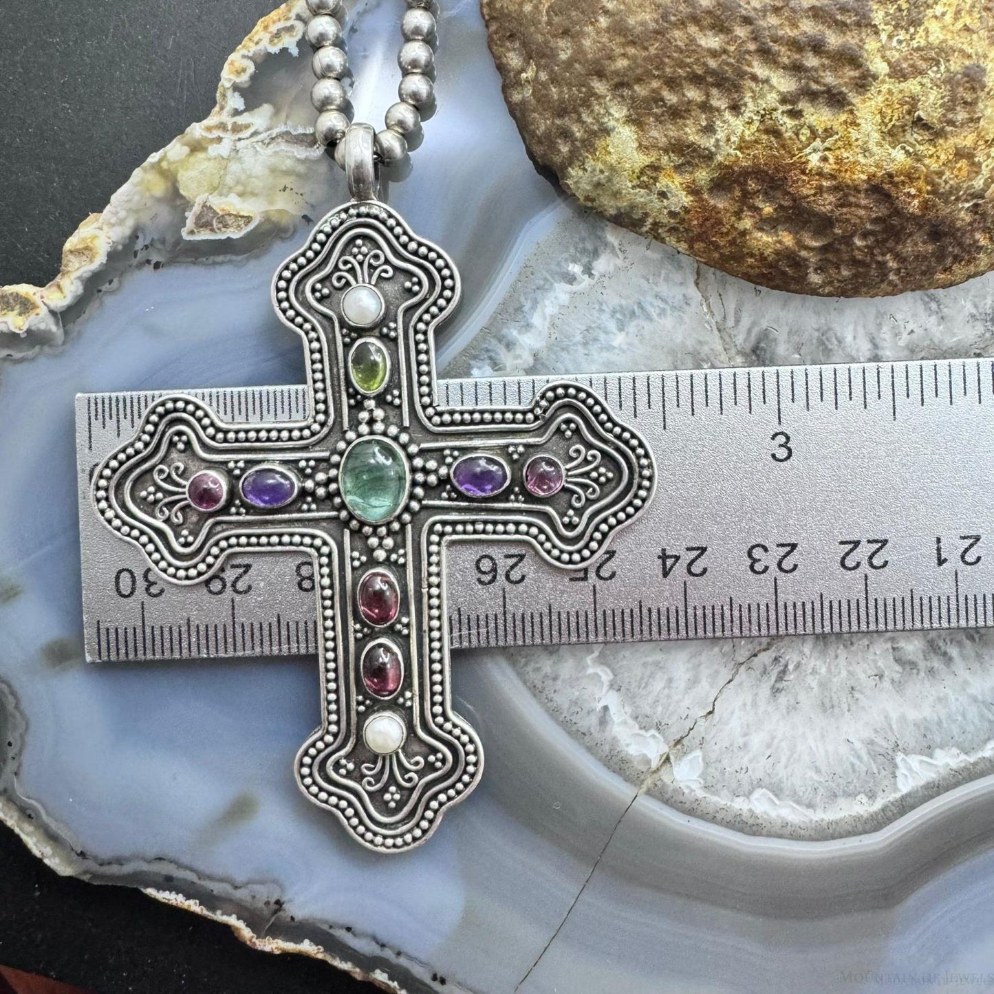 Vintage Sterling Silver Multi Gemstone Cross Pendant W/Brads Bead Chain Necklace