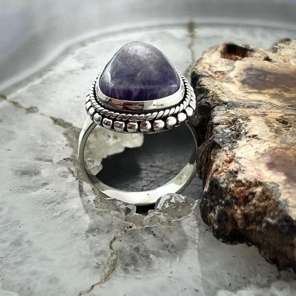 Sterling Silver Southwestern Style Teardrop Charoite Ring Size 7 For Women