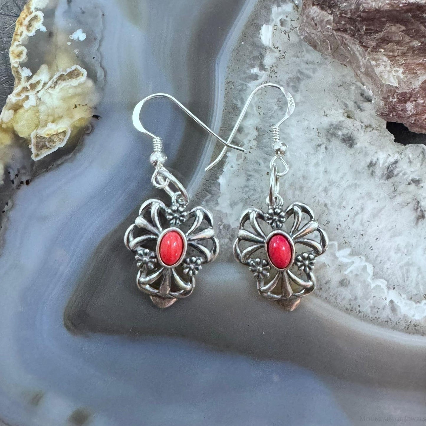 Carolyn Pollack Sterling Silver Red Jasper Floral Dangle Earrings For Women