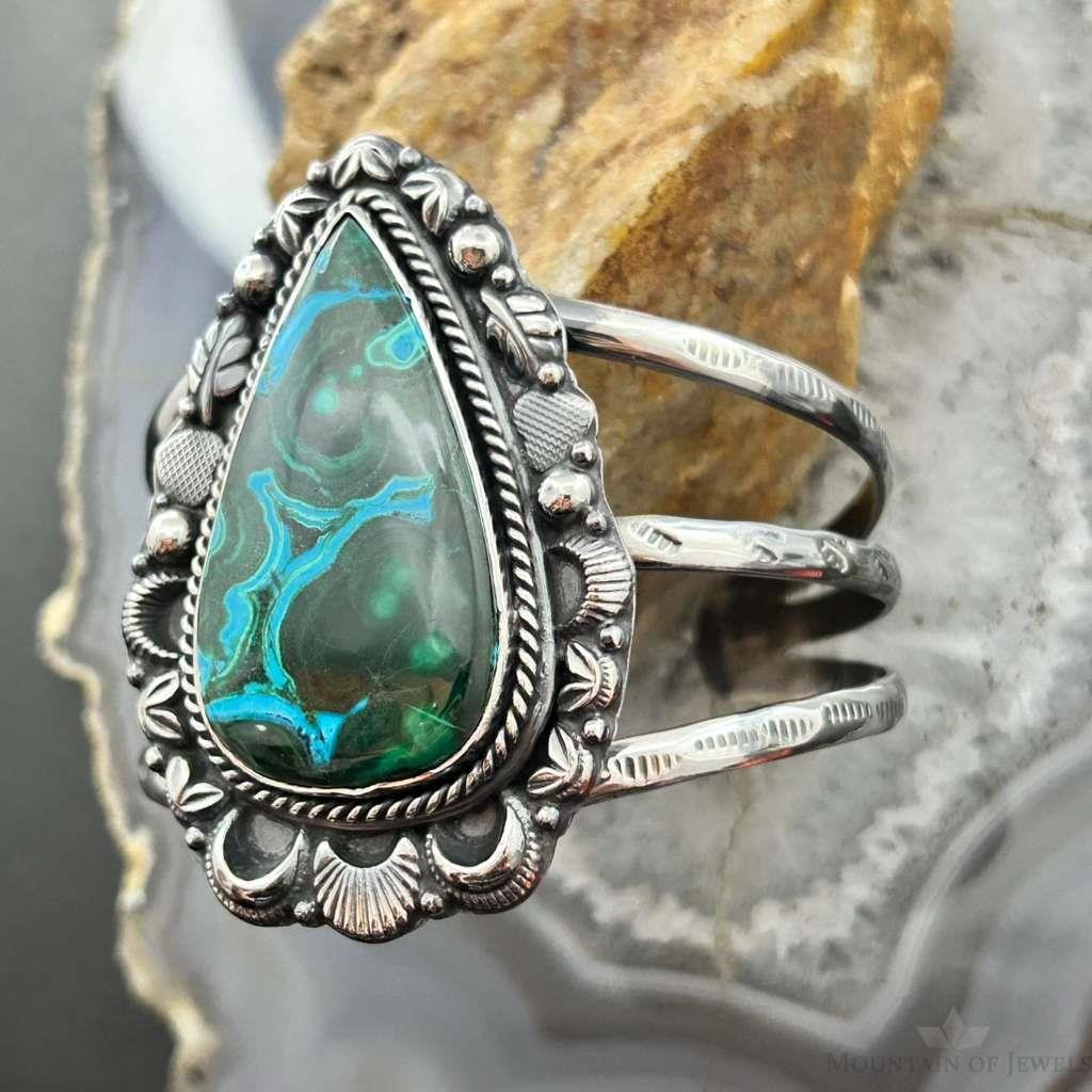 Sterling Silver Southwestern Style Large Teardrop Azurite Malachite Bracelet For Women
