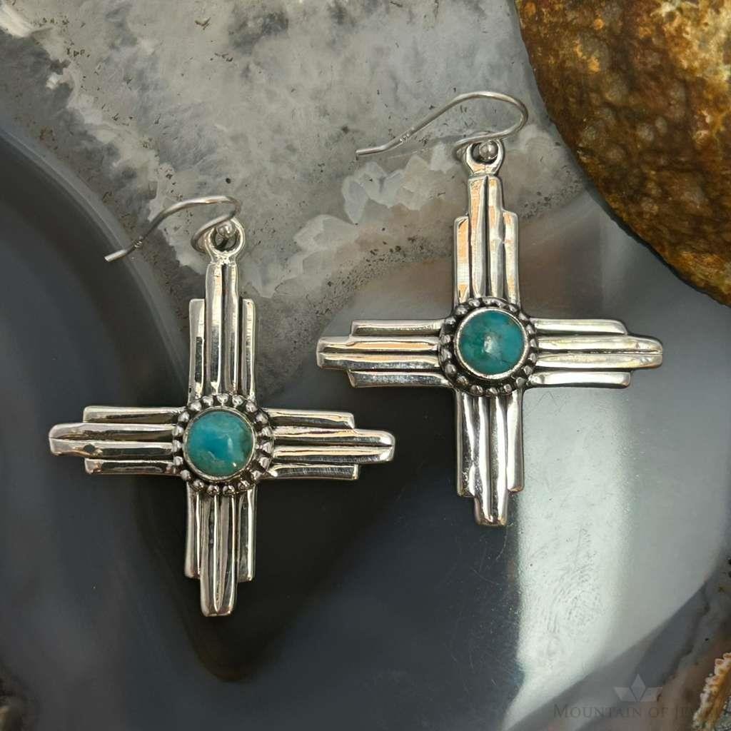 Sterling Silver Southwestern Style Round Mohave Turquoise Zia Dangle Earrings For Women