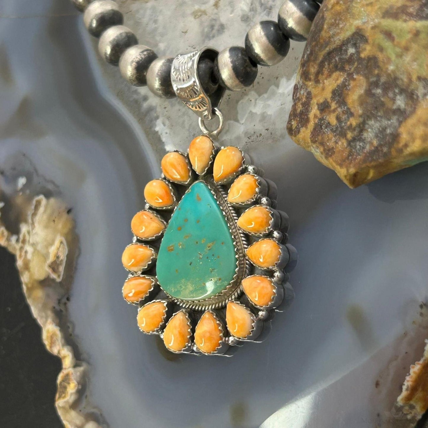 Sterling Silver Southwestern Emerald Valley Turquoise & Spiny Oyster Cluster Pendant For Women