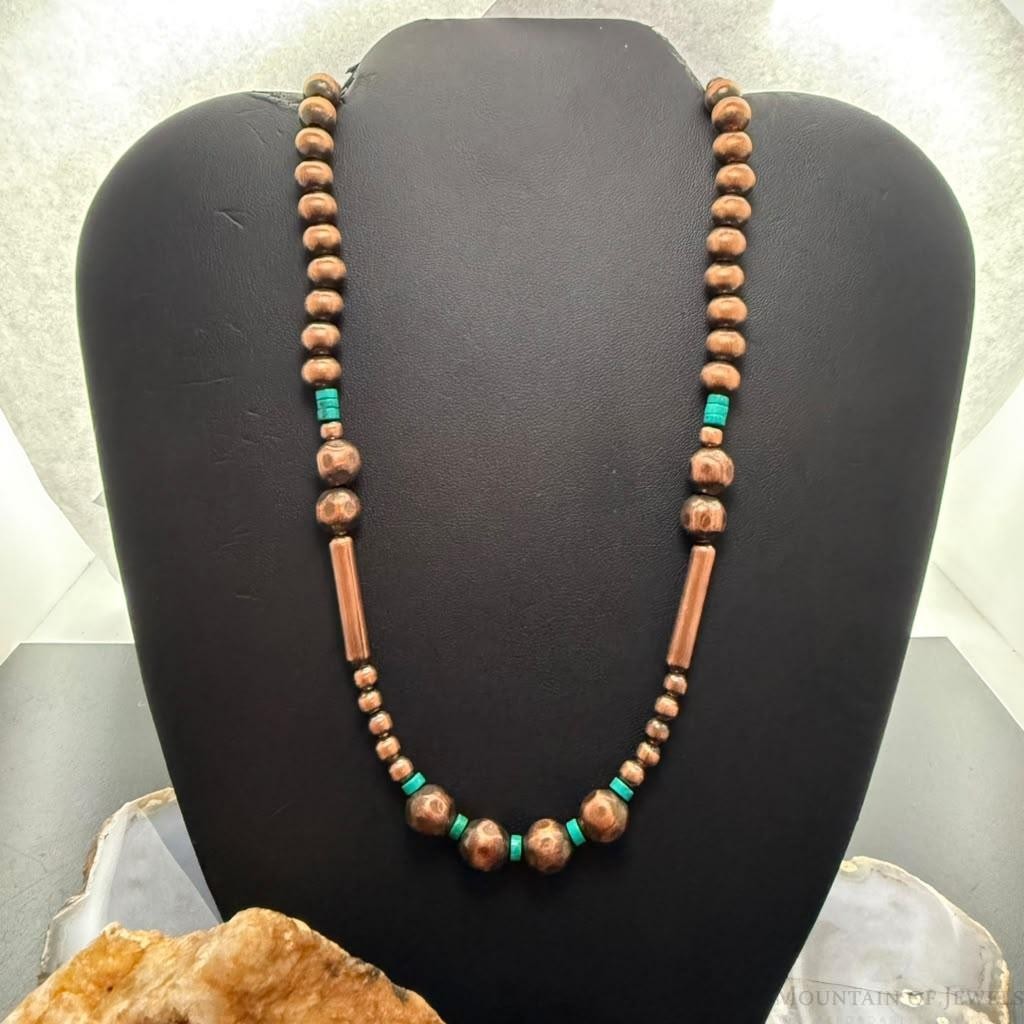 Southwestern Style .5-9mm Copper Navajo Pearl Round & Cylinder w/Sonoran Turquoise For Women #2 0" Necklace