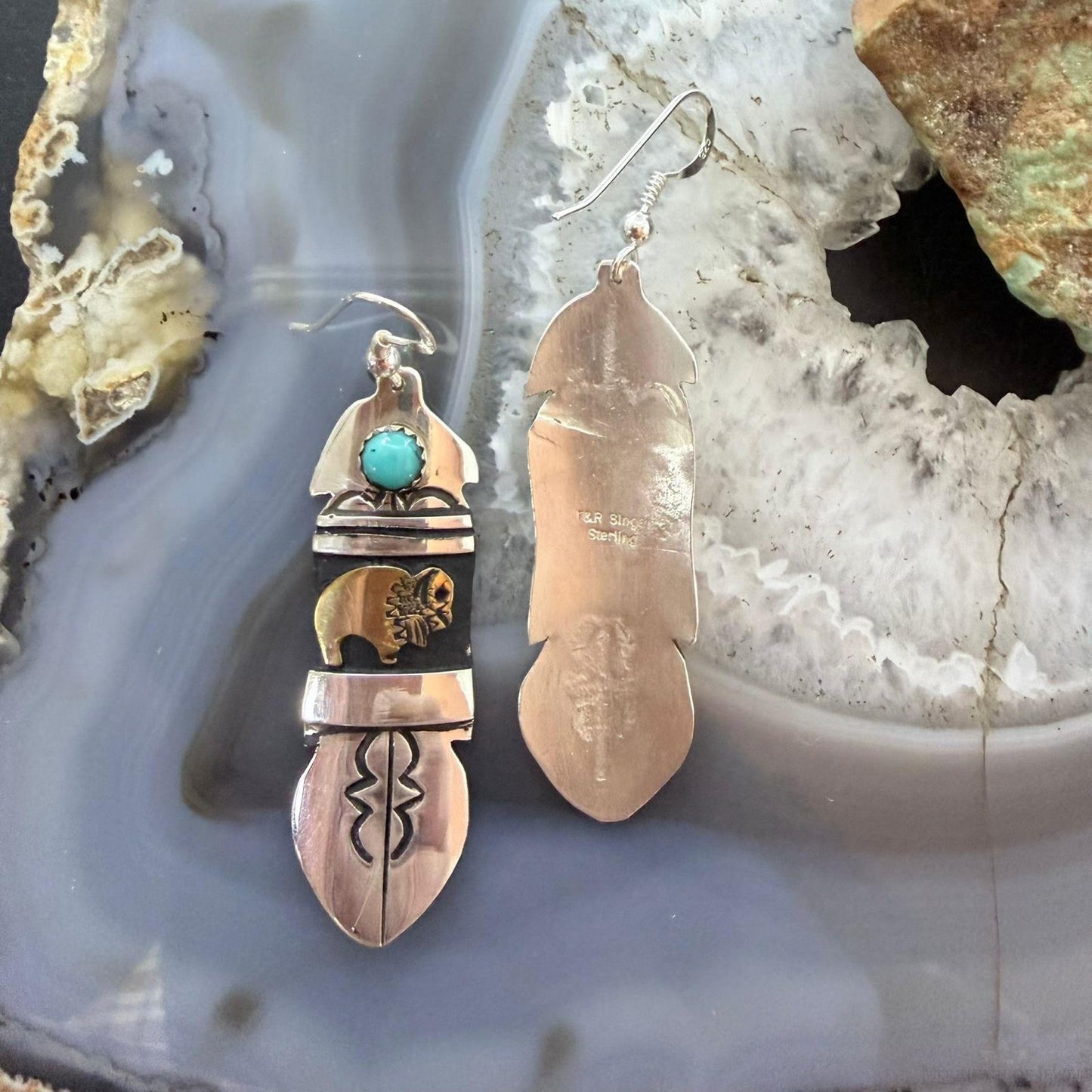 Tommy & Rosita Singer Sterling Silver & GF Bison w/Turquoise Dot Dangle Earrings For Women