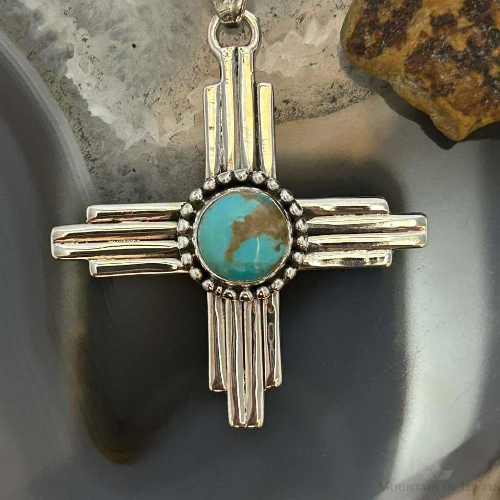 Sterling Silver Southwestern Style Round Mohave Turquoise Unisex Zia Pendant #2