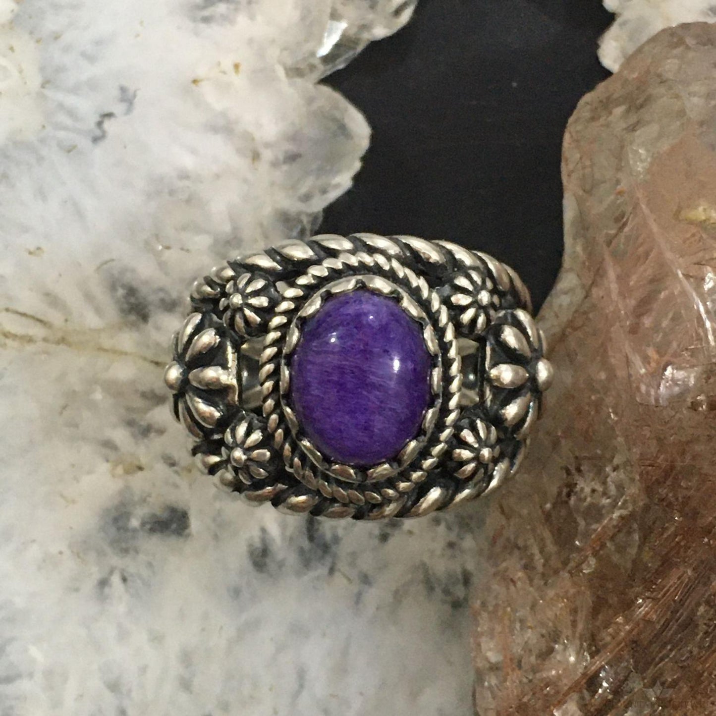 Carolyn Pollack Vintage Southwestern Style Sterling Silver Oval Charoite Decorated Ring For Women