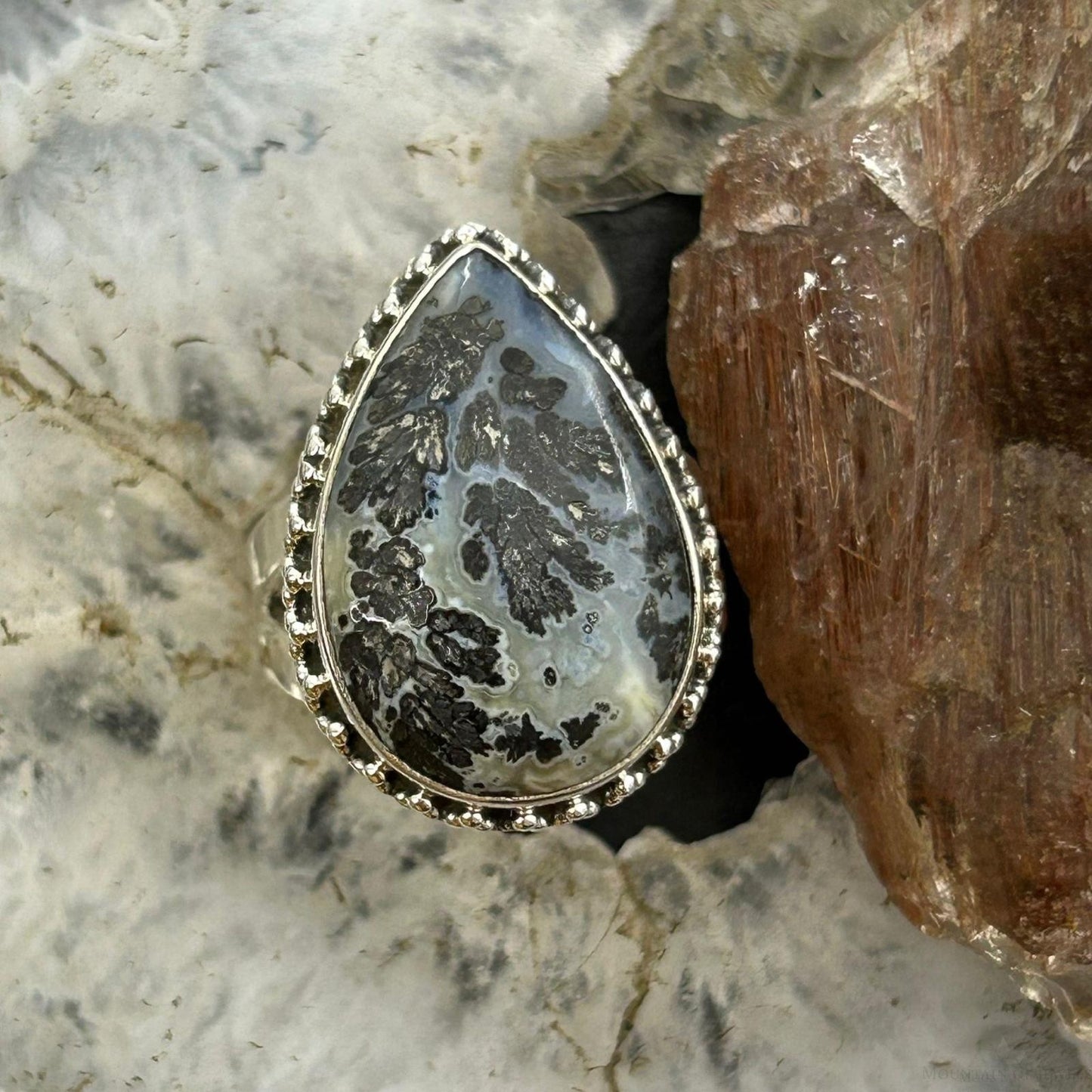 Sterling Silver Southwestern Style Teardrop Parral Dendritic Agate Ring Size 9 For Women