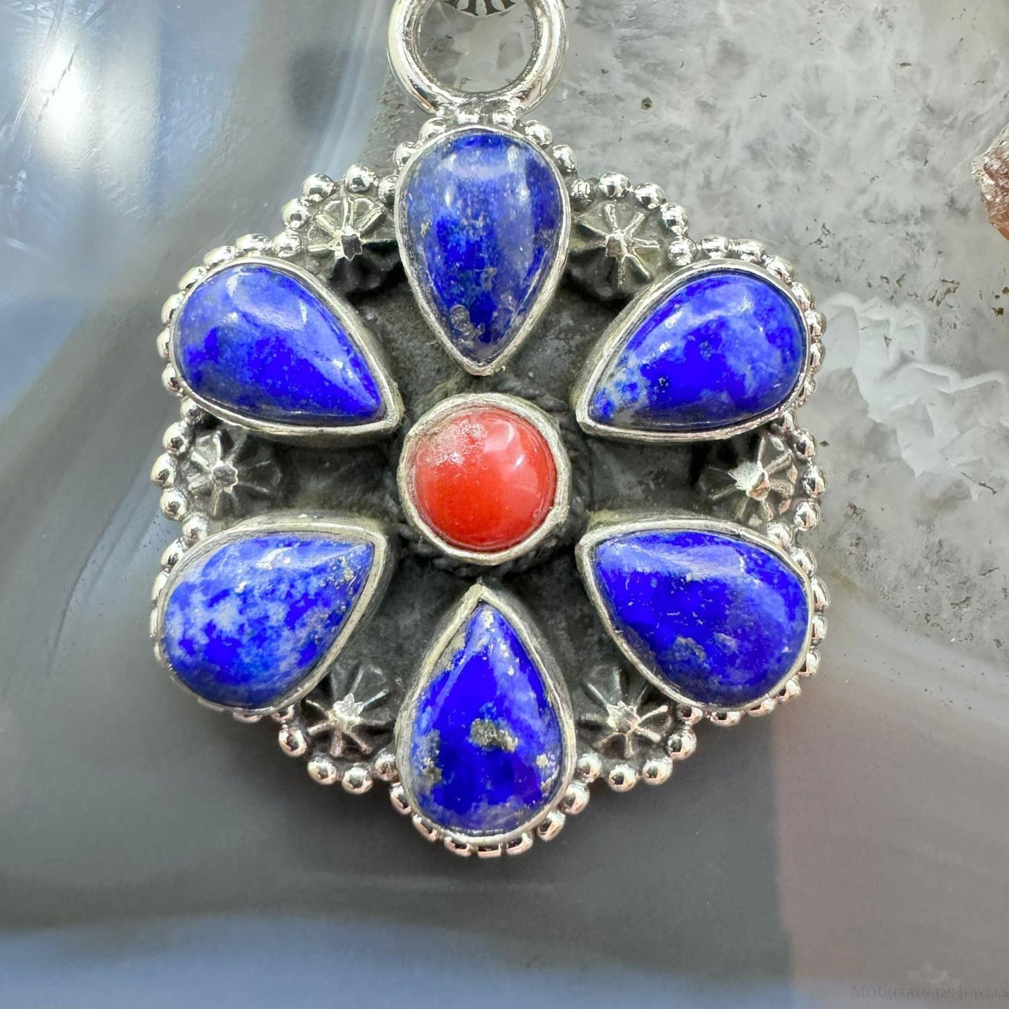 Native American Sterling Silver Lapis & Coral Flower Decorated Pendant For Women