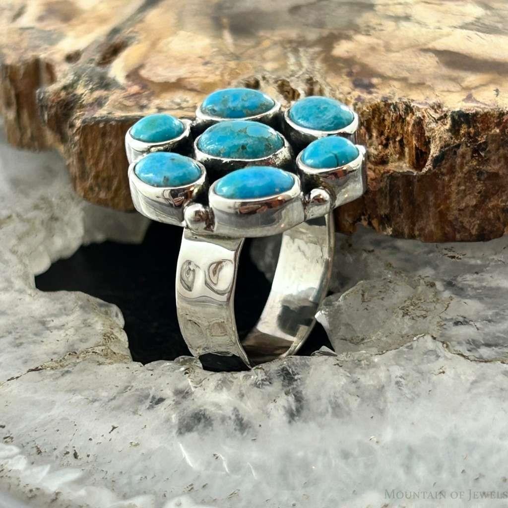 Sterling Silver Southwestern Style Mohave Turquoise Cluster Ring Size 7.75 For Women