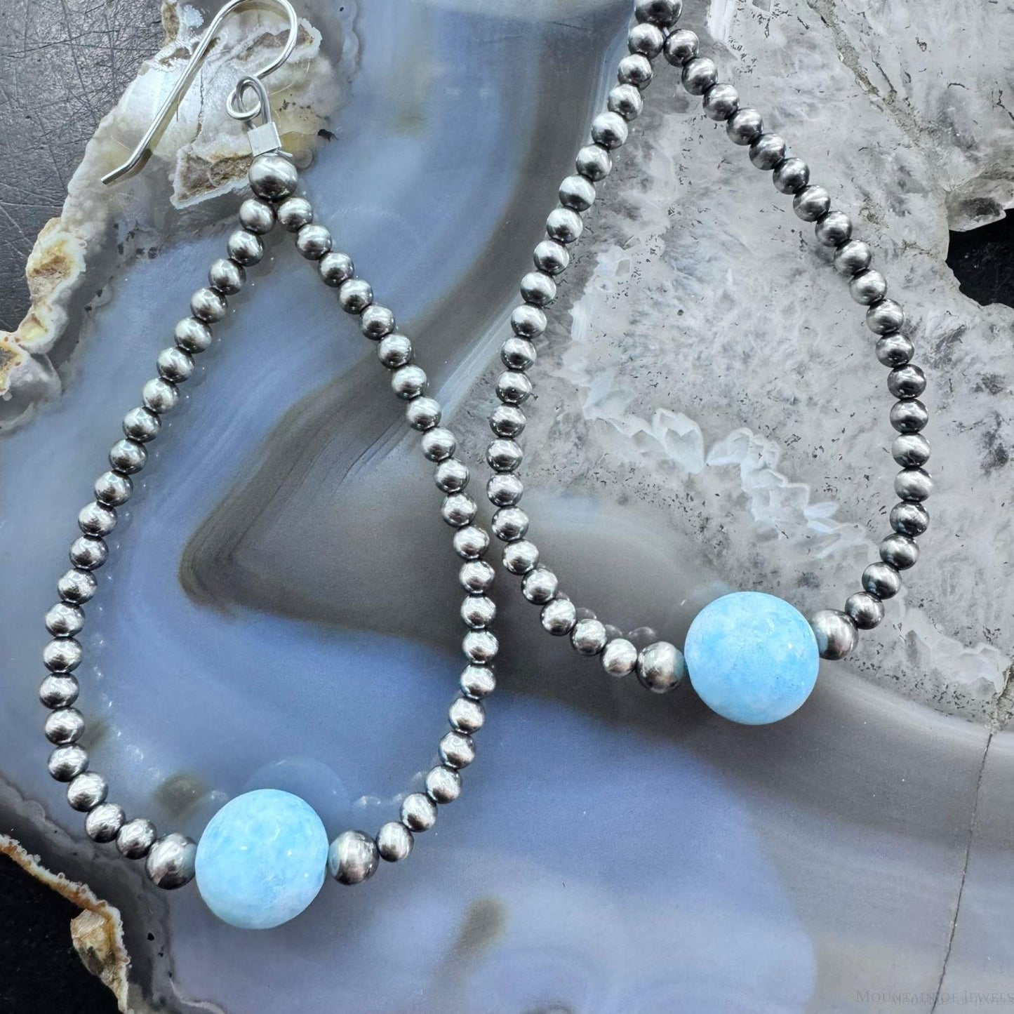 Native American Sterling Silver Navajo Beads with Larimar  Bead Hoop Earrings For Women