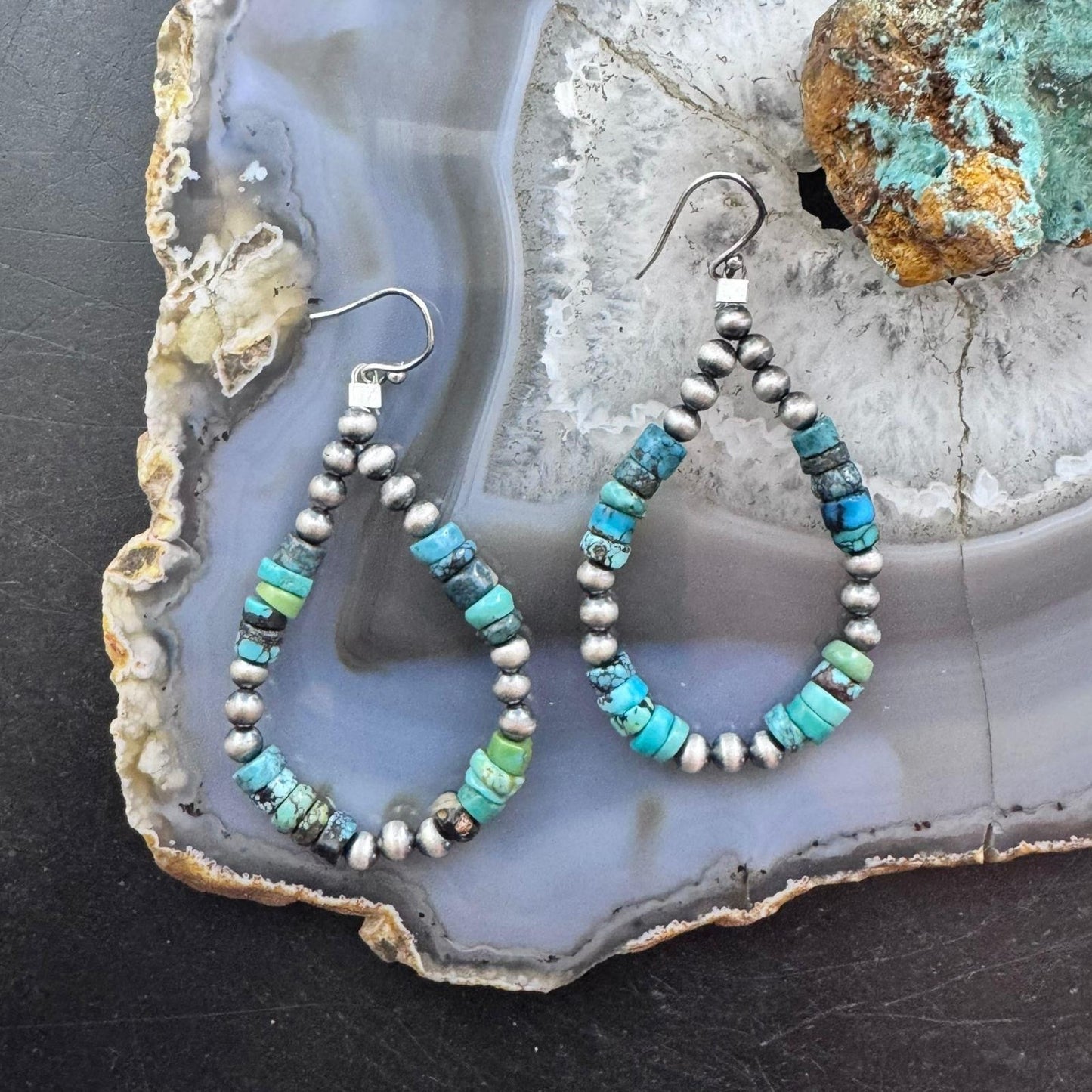 Sterling Silver Southwestern Style Navajo Pearl & Turquoise Bead Hoop Earrings For Women
