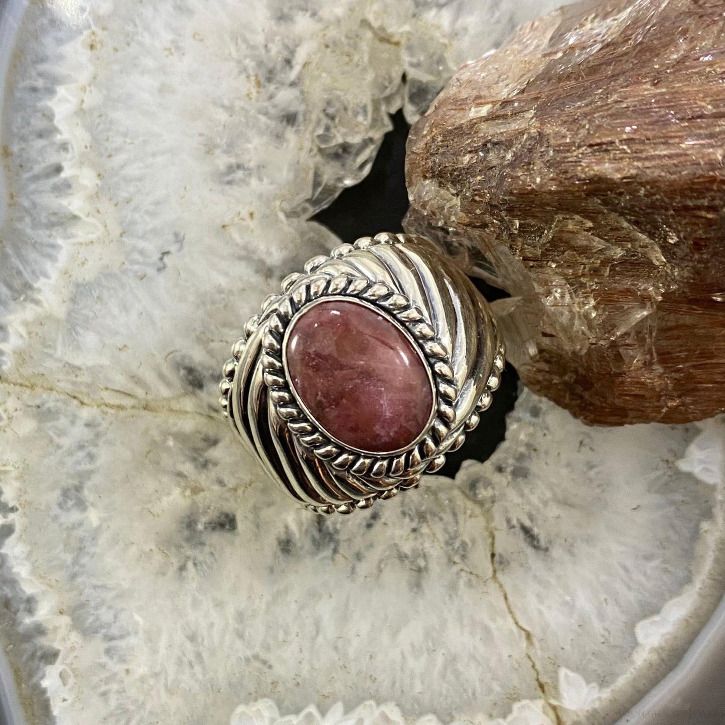 Carolyn Pollack Southwestern Style Sterling Silver Oval Rhodonite Decorated Unisex Ring Sizes 8 &12 For Women