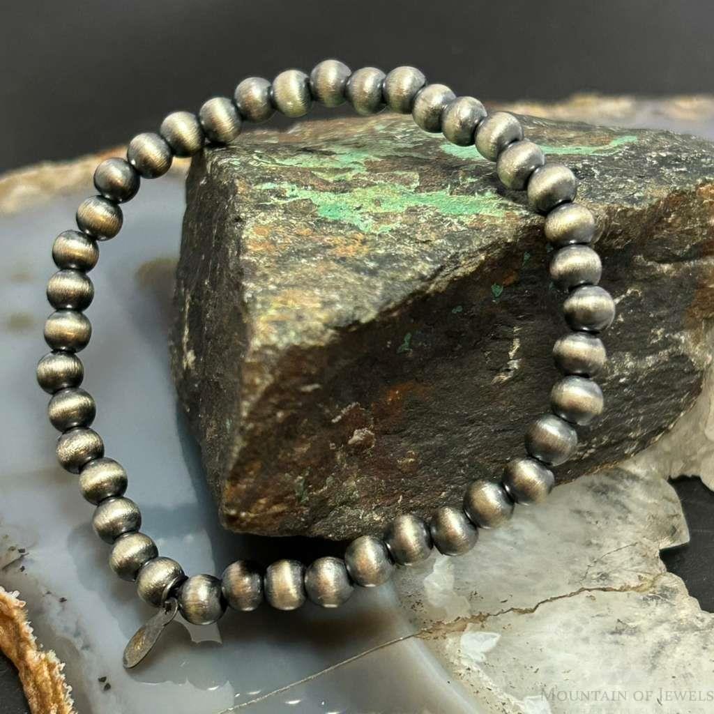 Sterling Silver 5mm Navajo Pearl Beads Stretch Bracelet For Women