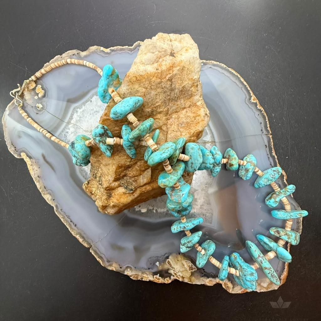 Vintage Native American Chunky Turquoise & Heishi Beads 20" Necklace For Women