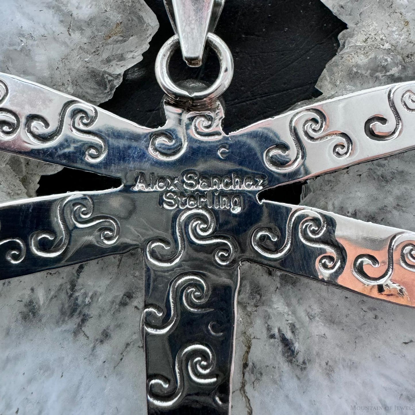 Alex Sanchez Native American Sterling Silver Turquoise & Petroglyph Dragonfly Unisex Pendant