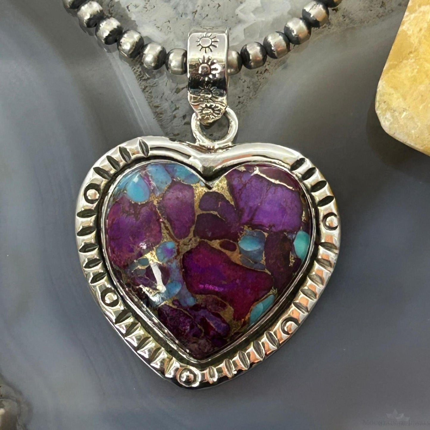 Sterling Silver Southwestern Style Purple Dahlia Heart Pendant For Women