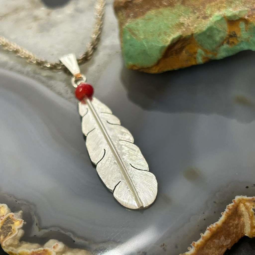 Anthony Gatewood Sterling Silver Coral Beads Feather Pendant For Women